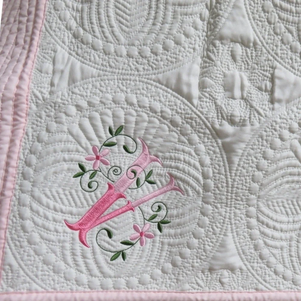 Tiny Heirloom Stitchery Monogrammed 'V' Cotton Baby Quilt Pink White Scalloped